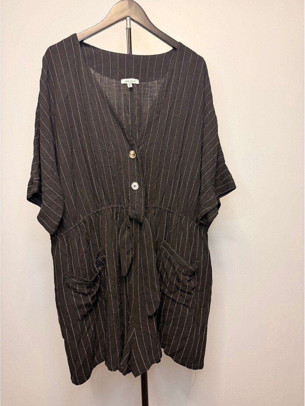 White Birch Plus Size 3X Black Pinstripe Romper with Tie Waist and Pockets
